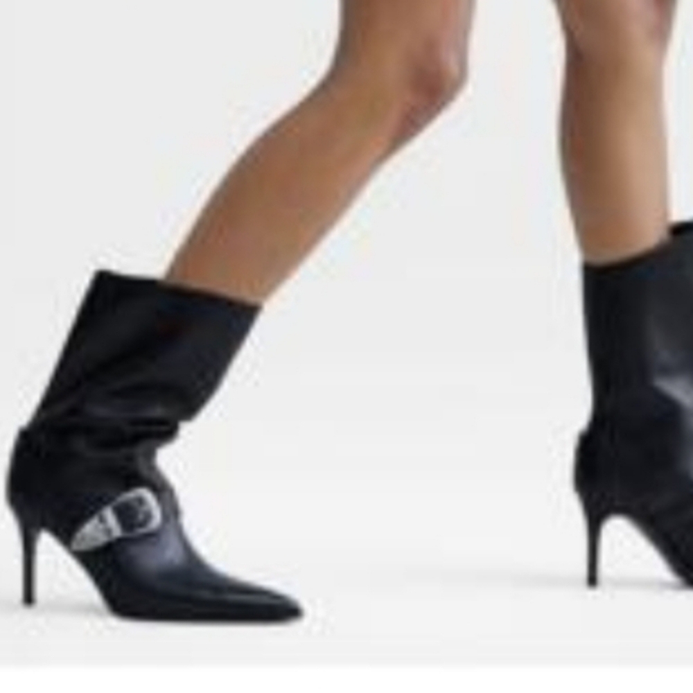 Zara leather high heel boots with cowboy strap with metal buckle detail